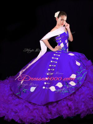 Delicate Sleeveless Organza Brush Train Lace Up Sweet 16 Dresses in Purple with Embroidery and Ruffles