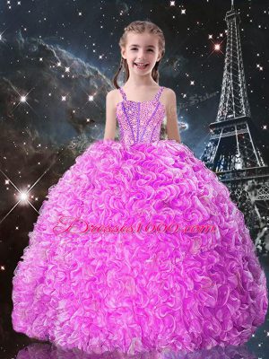 Most Popular Fuchsia Sleeveless Floor Length Beading and Ruffles Lace Up Girls Pageant Dresses