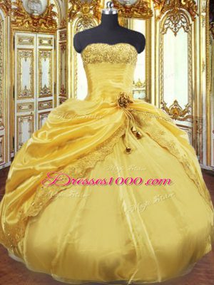 Taffeta Strapless Sleeveless Lace Up Beading and Pick Ups Sweet 16 Quinceanera Dress in Gold