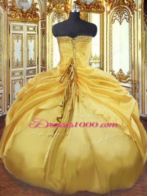 Taffeta Strapless Sleeveless Lace Up Beading and Pick Ups Sweet 16 Quinceanera Dress in Gold