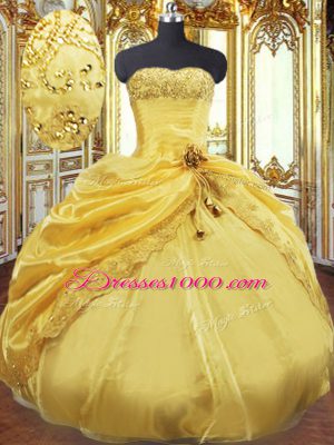 Taffeta Strapless Sleeveless Lace Up Beading and Pick Ups Sweet 16 Quinceanera Dress in Gold