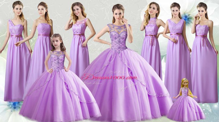 Inexpensive Scoop Sleeveless Quinceanera Dresses Floor Length Beading Lilac Tulle