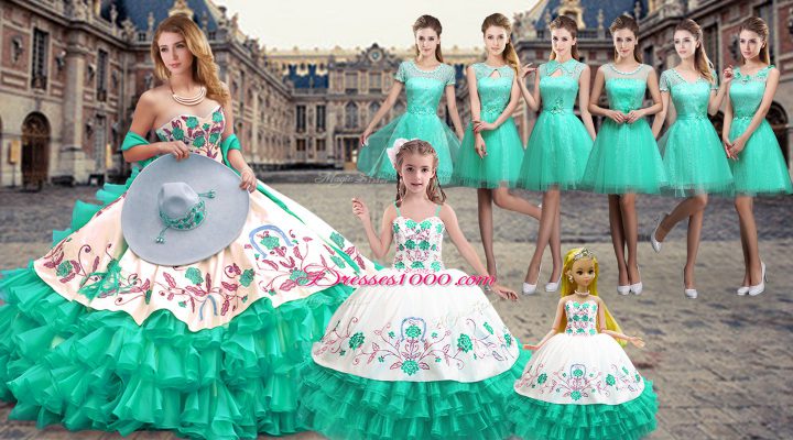 Sweetheart Sleeveless Sweet 16 Dress Floor Length Embroidery and Ruffled Layers Turquoise Organza