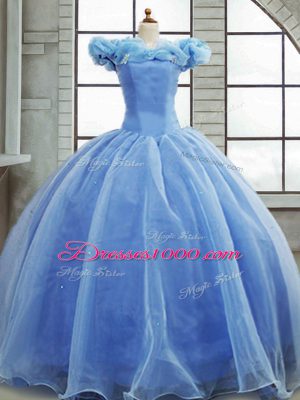 Light Blue Ball Gowns Organza Off The Shoulder Sleeveless Pick Ups Lace Up Quinceanera Dresses Brush Train