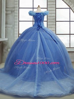 Light Blue Ball Gowns Organza Off The Shoulder Sleeveless Pick Ups Lace Up Quinceanera Dresses Brush Train