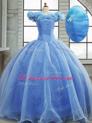 Light Blue Ball Gowns Organza Off The Shoulder Sleeveless Pick Ups Lace Up Quinceanera Dresses Brush Train