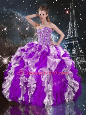 Multi-color Ball Gowns Beading and Ruffles Sweet 16 Dress Lace Up Organza Sleeveless Floor Length