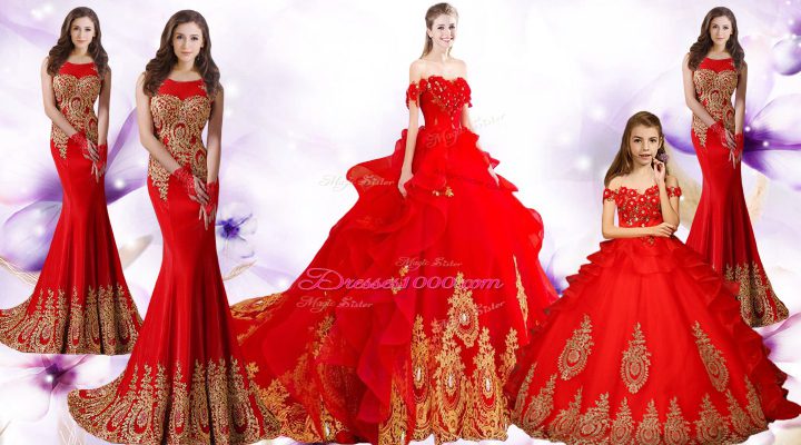 Affordable Red Ball Gowns Sweetheart Sleeveless Tulle Brush Train Lace Up Beading and Appliques and Embroidery Quinceanera Dress