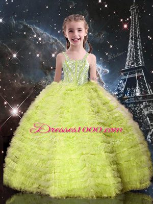 Yellow Green Sleeveless Tulle Lace Up Quinceanera Gowns for Military Ball and Sweet 16 and Quinceanera