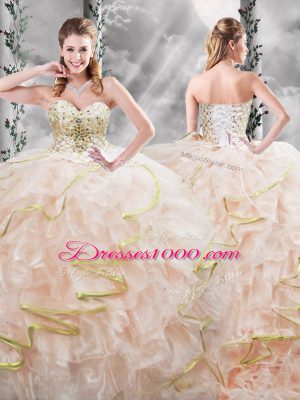 Peach Ball Gowns Organza Sweetheart Sleeveless Beading and Ruffles Lace Up Ball Gown Prom Dress Brush Train