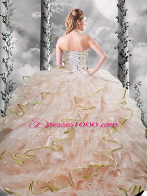 Peach Ball Gowns Organza Sweetheart Sleeveless Beading and Ruffles Lace Up Ball Gown Prom Dress Brush Train