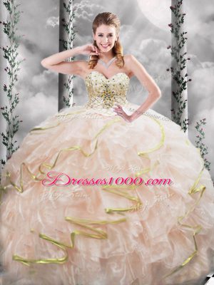 Peach Ball Gowns Organza Sweetheart Sleeveless Beading and Ruffles Lace Up Ball Gown Prom Dress Brush Train