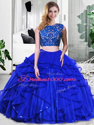 Lace and Ruffles Quinceanera Gowns Royal Blue Zipper Sleeveless Floor Length