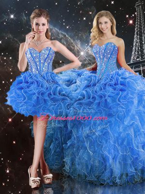 Artistic Baby Blue Organza Lace Up Sweet 16 Dress Sleeveless Floor Length Beading and Ruffles