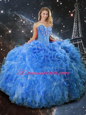 Artistic Baby Blue Organza Lace Up Sweet 16 Dress Sleeveless Floor Length Beading and Ruffles