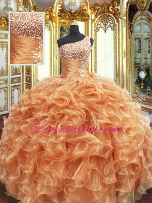 Orange Lace Up 15th Birthday Dress Beading and Ruffles Sleeveless Floor Length