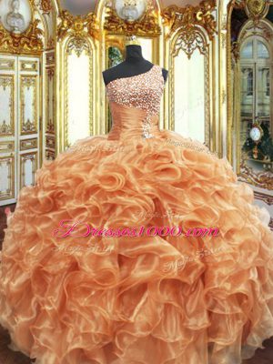 Orange Lace Up 15th Birthday Dress Beading and Ruffles Sleeveless Floor Length