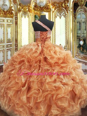 Orange Lace Up 15th Birthday Dress Beading and Ruffles Sleeveless Floor Length