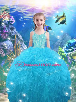 Suitable Sleeveless Organza Floor Length Lace Up Quinceanera Gowns in Baby Blue with Beading and Ruffles