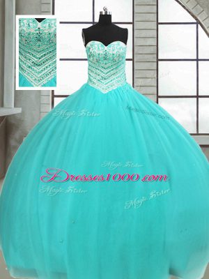 Perfect Turquoise Tulle Lace Up Sweetheart Sleeveless Floor Length Quince Ball Gowns Beading