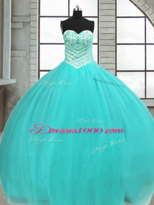 Perfect Turquoise Tulle Lace Up Sweetheart Sleeveless Floor Length Quince Ball Gowns Beading