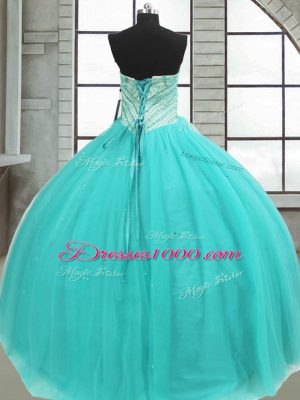 Perfect Turquoise Tulle Lace Up Sweetheart Sleeveless Floor Length Quince Ball Gowns Beading