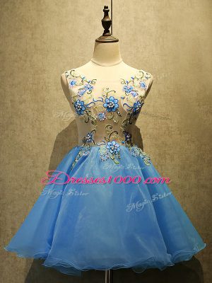 Extravagant Scoop Sleeveless Prom Evening Gown Mini Length Embroidery Baby Blue Organza