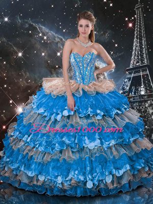 Sleeveless Floor Length Beading and Ruffles Lace Up 15 Quinceanera Dress with Multi-color