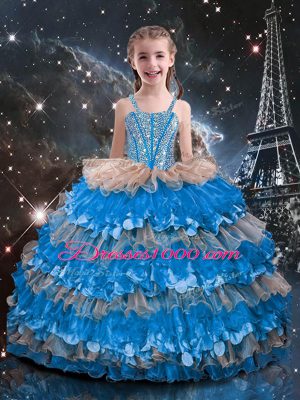 Sleeveless Floor Length Beading and Ruffles Lace Up 15 Quinceanera Dress with Multi-color