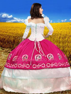 3 4 Length Sleeve Floor Length Embroidery Lace Up 15th Birthday Dress with Hot Pink