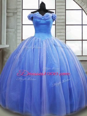 High End Off The Shoulder Sleeveless Quinceanera Dress Brush Train Pick Ups Light Blue Tulle