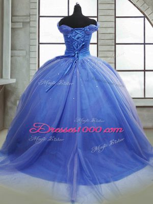 High End Off The Shoulder Sleeveless Quinceanera Dress Brush Train Pick Ups Light Blue Tulle