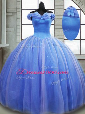 High End Off The Shoulder Sleeveless Quinceanera Dress Brush Train Pick Ups Light Blue Tulle