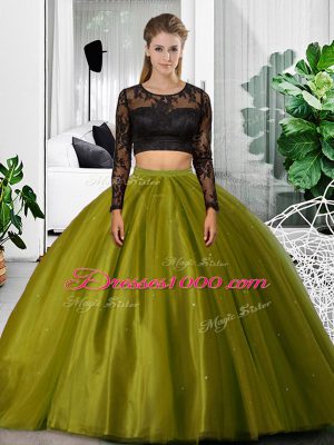 Floor Length Olive Green 15 Quinceanera Dress Scoop Long Sleeves Backless