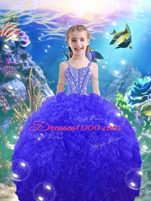 High Class Straps Sleeveless Lace Up Little Girls Pageant Dress Royal Blue Organza