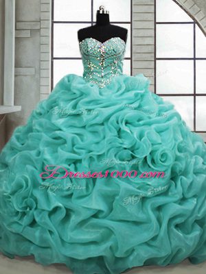 Turquoise Ball Gowns Sweetheart Sleeveless Organza Brush Train Lace Up Beading and Pick Ups 15th Birthday Dress