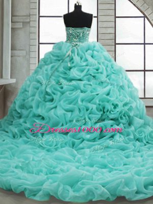 Turquoise Ball Gowns Sweetheart Sleeveless Organza Brush Train Lace Up Beading and Pick Ups 15th Birthday Dress