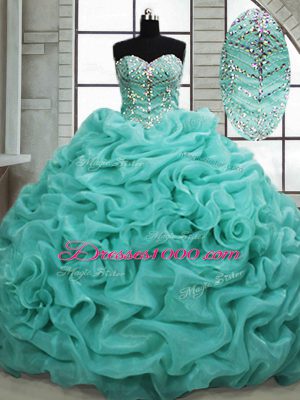Turquoise Ball Gowns Sweetheart Sleeveless Organza Brush Train Lace Up Beading and Pick Ups 15th Birthday Dress
