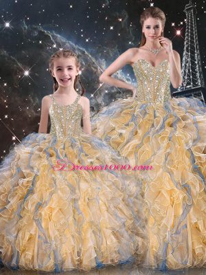 Smart Sleeveless Floor Length Beading and Ruffles Lace Up Quince Ball Gowns with Gold