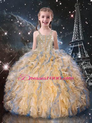 Smart Sleeveless Floor Length Beading and Ruffles Lace Up Quince Ball Gowns with Gold