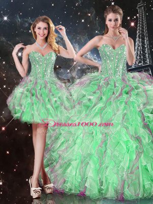 Simple Apple Green Sleeveless Floor Length Beading and Ruffles Lace Up Sweet 16 Dress