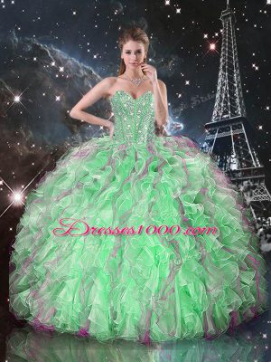 Simple Apple Green Sleeveless Floor Length Beading and Ruffles Lace Up Sweet 16 Dress