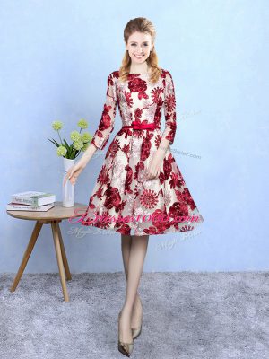 Multi-color A-line Printed Scoop 3 4 Length Sleeve Pattern Knee Length Lace Up Wedding Party Dress