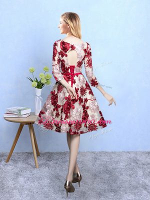 Multi-color A-line Printed Scoop 3 4 Length Sleeve Pattern Knee Length Lace Up Wedding Party Dress