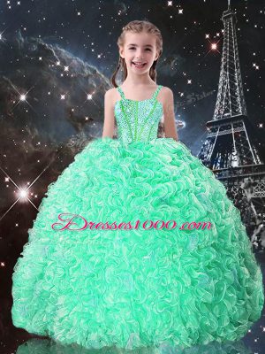 Apple Green Ball Gowns Straps Sleeveless Organza Floor Length Lace Up Beading and Ruffles Pageant Gowns For Girls