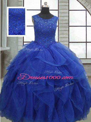 Beauteous Ruffles and Sequins 15th Birthday Dress Royal Blue Lace Up Sleeveless Floor Length