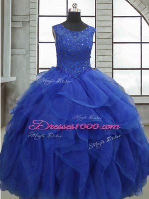 Beauteous Ruffles and Sequins 15th Birthday Dress Royal Blue Lace Up Sleeveless Floor Length