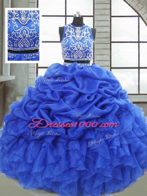Floor Length Royal Blue 15 Quinceanera Dress Organza Sleeveless Beading and Ruffles and Pick Ups