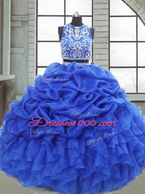 Floor Length Royal Blue 15 Quinceanera Dress Organza Sleeveless Beading and Ruffles and Pick Ups