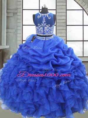 Floor Length Royal Blue 15 Quinceanera Dress Organza Sleeveless Beading and Ruffles and Pick Ups